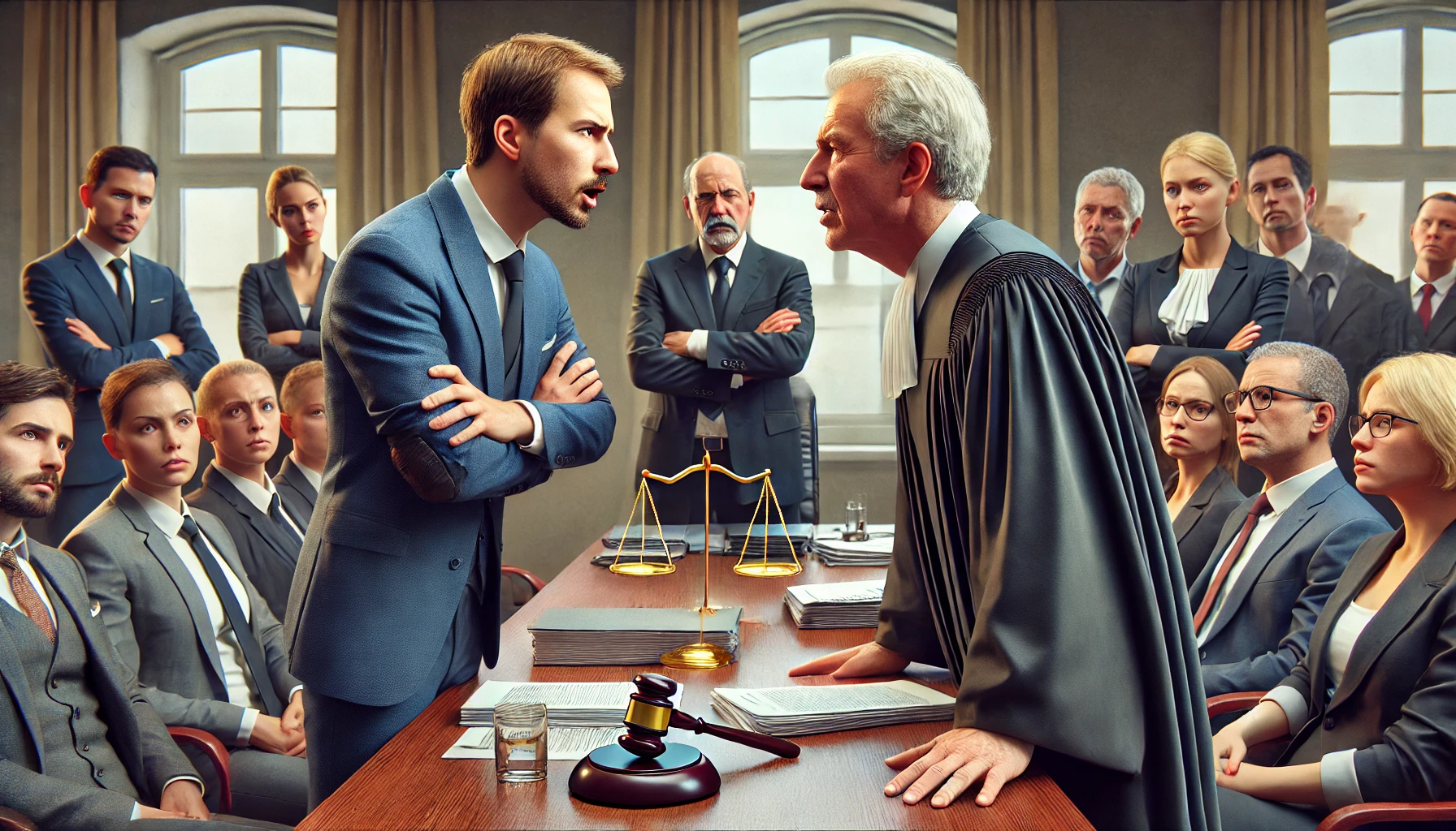 DALL·E 2024-08-02 11.51.03 – A hyper-realistic image depicting a tense arbitration hearing. Two advocates are standing, facing each other, visibly angry and engaged in a heated ex