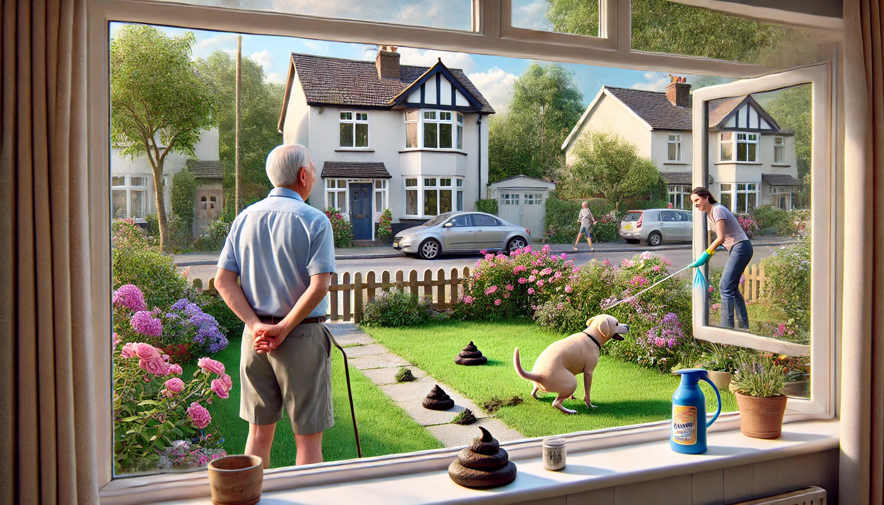 DALL·E 2024-12-18 23.36.29 – A hyper-realistic image depicting a peaceful suburban street with blooming flowers and greenery. In the foreground, an elderly man is standing by his
