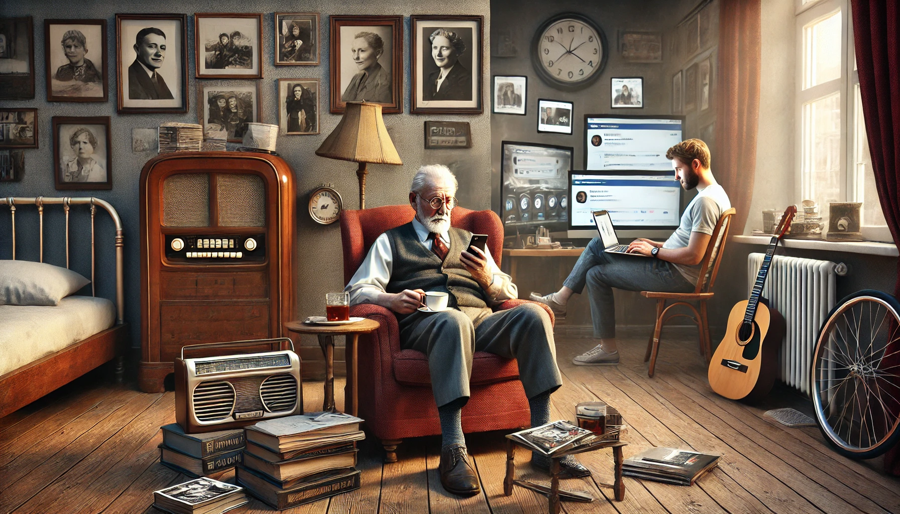 DALL·E 2025-02-24 10.12.46 – A hyper-realistic image depicting a generational contrast. On one side, an elderly man sits in a cozy living room, holding a cup of tea, reminiscing w